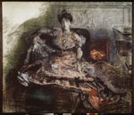 Vrubel, Mikhail Alexandrovich - After the Concert. Portrait of N. Zabela-Vrubel at the fireplace in a dress designed by Vrubel