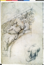 Perino del Vaga - Decoration of a wall over an entrance arch with a Prophet and two Puttos
