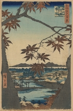 Hiroshige, Utagawa - Maple Leaves and the Tekona Shrine and Bridge at Mama (One Hundred Famous Views of Edo)
