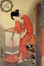 Kunisada (Toyokuni III), Utagawa - Beauty beside a standing lantern (From the series Starfrost Contemporary Manners)