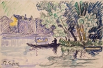 Signac, Paul - Fisherman in a Boat Near a Bank of the Seine