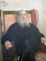 Repin, Ilya Yefimovich - Portrait of the author Leo N. Tolstoy (1828-1910) in the Pink Armchair