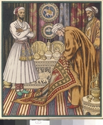 Bilibin, Ivan Yakovlevich - Prince Ali buying a carpet. Illustration for Arabian Fairy Tales