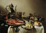 Claesz, Pieter - Table with lobster, silver jug, big Berkemeyer, fruit bowl, violin and books