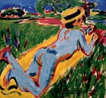 Kirchner, Ernst Ludwig - Recycling Blue Nude in a Straw Hat
