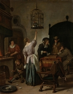 Steen, Jan Havicksz - Interior With A Woman Feeding A Parrot Two Men Playing Backgammon And Other Figures (The Parrot Cage)
