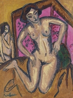 Kirchner, Ernst Ludwig - Kneeling Nude in front of Red Screen