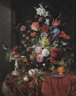 Heem, Jan Davidsz. de - Flowers in a glass vase on a draped table, with a silver tazza, fruit, insects and birds