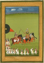 Indian Art - Rajah and son on horses disguised as elephants, and suite of attendants