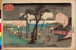 Hiroshige, Utagawa - Cherry Trees in Rain on the Sumida River Embankment. (Sumida zutsumi uchû no sakura)