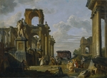 Pannini (Panini), Giovanni Paolo - Architectural Capriccio of the Roman Forum with Philosophers and Soldiers among Ancient Ruins
