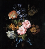 Monnoyer, Jean-Baptiste - Bouquet of poppy anemones, roses, double campernelle, a hyacinth, a tulip and auricula tied with a blue ribbon