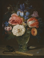 Peeters, Clara - Still Life with flowers in a roemer and a field mouse