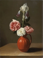 Van Es, Jacob Foppens - An iris and three roses in an earthenware pot