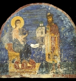 Ancient Russian frescos - Grand Prince Yaroslav II Vsevolodovich with model of the Nereditsa Church before Christ