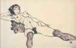 Schiele, Egon - Reclined female nude with spreaded legs
