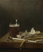 Velde, Jan Jansz. van de III - Still life with a glass of beer, a pipe, tobacco and other requisites of smoking