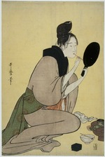 Utamaro, Kitagawa - Bijin-ga. Girl applying makeup to her lips
