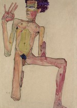Schiele, Egon - Kneeling Nude with Raised Hands (Self-Portrait)