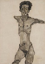 Schiele, Egon - Nude Self-Portrait in Gray with Open Mouth