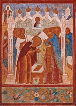 Ancient Russian frescos - Monastic consecration of Saint Abraham of Rostov. Fresco of the Church of Saint John The Apostle in Rostov Kremlin