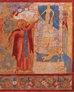 Ancient Russian frescos - Abraham of Rostov destroys the Veles's statue. Fresco of the Church of Saint John The Apostle in Rostov Kremlin