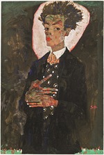 Schiele, Egon - Self-Portrait with Peacock Vest Standing