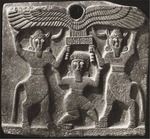 Assyrian Art - Orthostates depicting Gilgamesh between two minotaur demigods holding up the sun disc. From Tell Halaf, Syria