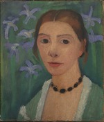 Modersohn-Becker, Paula - Self portrait in front of green background with blue irises