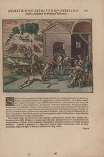 Bry, Theodor de - Spanish soldiers observe and carry out the punishment of a slave who is flogged and has pitch poured on his wounds