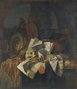 Gijsbrechts, Franciscus - Vanitas still life with a skull, a shield, an hour glass, books and papers on a tabletop
