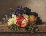 Jensen, Johan Laurentz - Pomegranates and green and blue grapes on a marble frame
