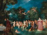 Francken, Frans, the Younger - Diana and her nymphs bathing, with a stag hunt in the background