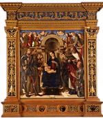 Santi, Giovanni - Pala Oliva. Madonna and Child enthroned between Saints George, Francis of Assisi, Anthony the Abbot, Jerome