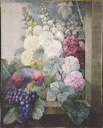 Redouté, Pierre-Joseph - Hollyhocks, grapes and a parrot