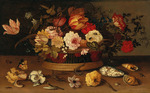 Ast, Balthasar, van der - A wicker basket with flowers and shells on a stone-ledge