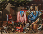 Manieri, Carlo - Interior with drapes, flowers, vases, armour, weapons, flags and a small dog