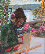 Gallen-Kallela, Akseli - Mary embroidering on the porch of Kallela