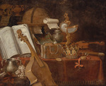 Collier, Edwaert - A vanitas still life with an open book, a globe, a nautilus goblet, a violin and precious objects 
