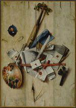 Gijsbrechts, Cornelis Norbertus - Trompe l'oeil with Violin, Painting Tools and Self-Portrait