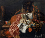 Gijsbrechts, Franciscus - Vanitas still life with musical instruments, ceremonial vessels, books, an extinguished candle, a skull and ears of wheat