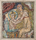 Byzantine Master - The Washing of the Child. Fragment of the mosaic cycle in the Oratory of Pope John VII in the old Saint Peter's Basilica