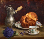 Huas, Pierre Adolphe - Still life with coffee pot, brioche, porcelain and bouquet of violets