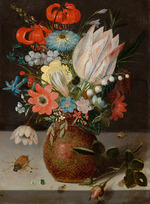 Binoit, Peter - Still life with tulip, snowbell panicle and checkered flower in an engobe vase on a stone plinth with insects