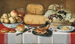 Koets, Roelof, the Elder - Cheeses on a pewter plate, grapes in a basket, apples in a porcelain Chinese bowl, bread rolls and a knife