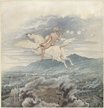 Schinkel, Karl Friedrich - Female figure (blowing bubbles), as allegory of Christian Peter Wilhelm Beuth, riding Pegasus over an industrial city