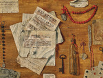 Bordoni, Egidio Maria - Trompe-l'oeil with several sheets of paper, a key, playing cards and objects attached to a wooden board