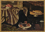 Anonymous - Cherries in a porcelain bowl on a draped table, a plate of cookies, jars of honey and jam