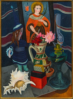 Wacker, Rudolf - Still life with lamp, shell, doll and reverse glass painting