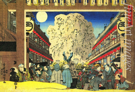 Kunisada (Toyokuni III) Utagawa - Moon and evening cherry blossoms in the Northern Pleasure Quaters